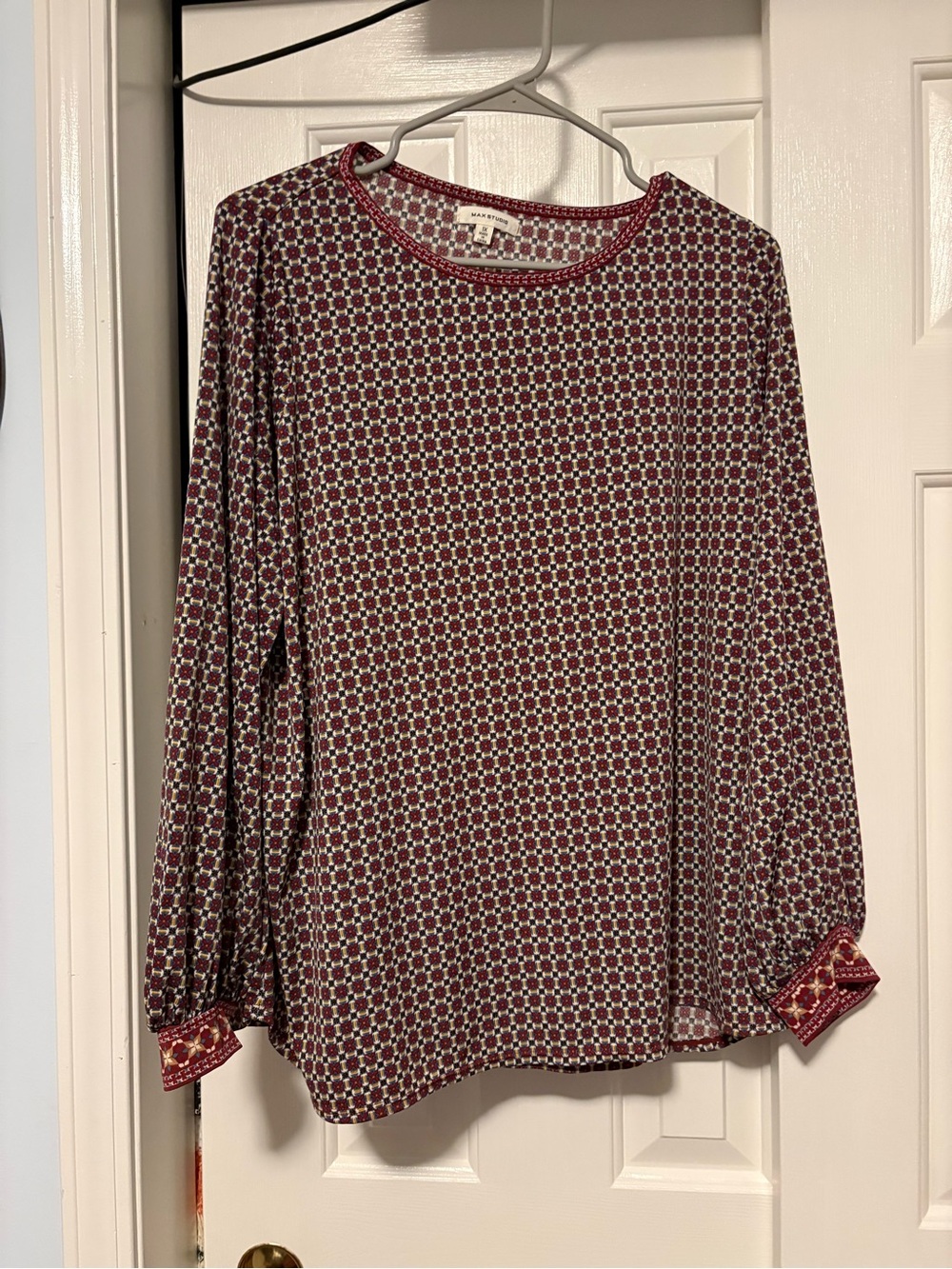 Max Studio Burgundy Geometric Print Long-Sleeve Blouse